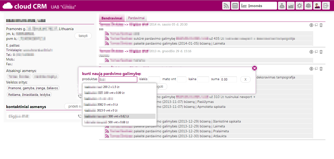 CRM įmonės - duomenų redagavimas, bendravimų įvedimas, pardavimų valdymas